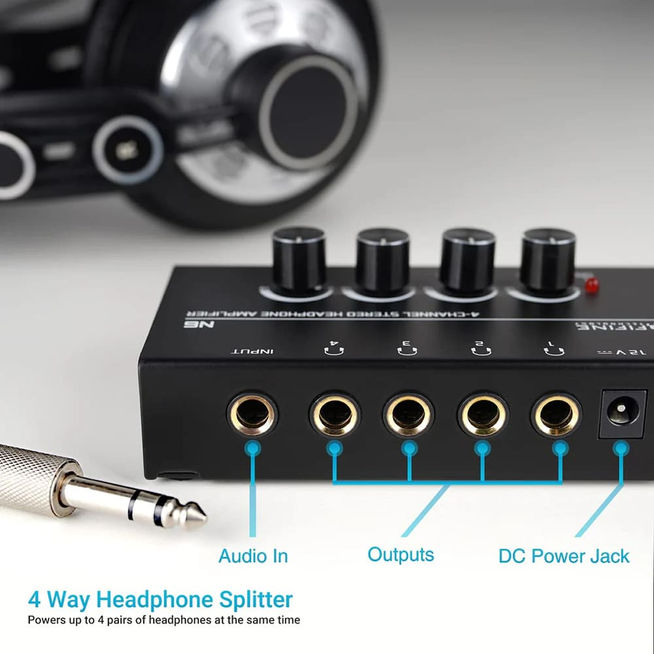The audio input, outputs, and DC power jack of the FIFINE N6 Headphone Amplifier are visible in close-up.
