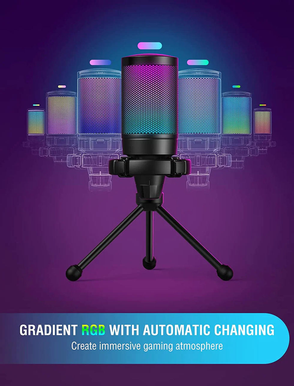 FIFINE Microphone with RGB gradient display and auto switching.