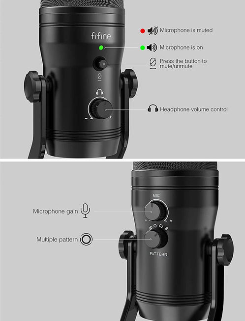 The Fifine microphone's pattern selection, headphone volume control, and mute button are visible in close-up.