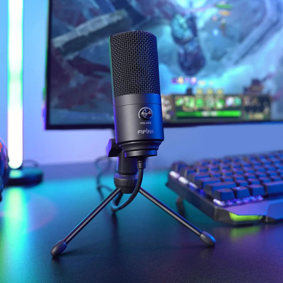 A gaming setup featuring a good microphone and a monitor showing a game in the backdrop