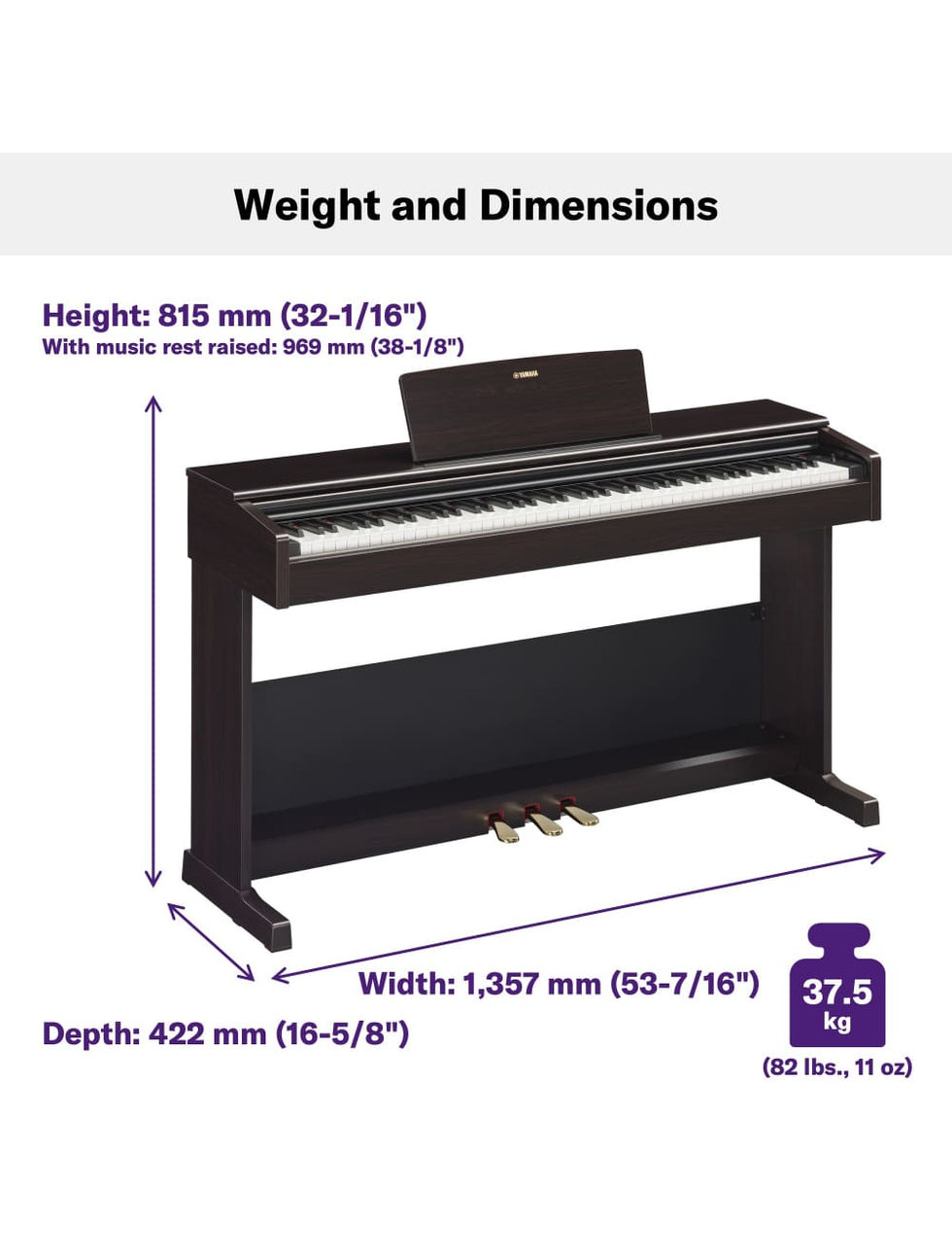 Yamaha digital piano with dimensions and weight.