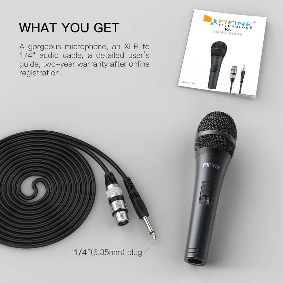 Included in the package are the FIFINE microphone, an XLR to 1/4-inch audio cable, a user manual, and warranty details.
