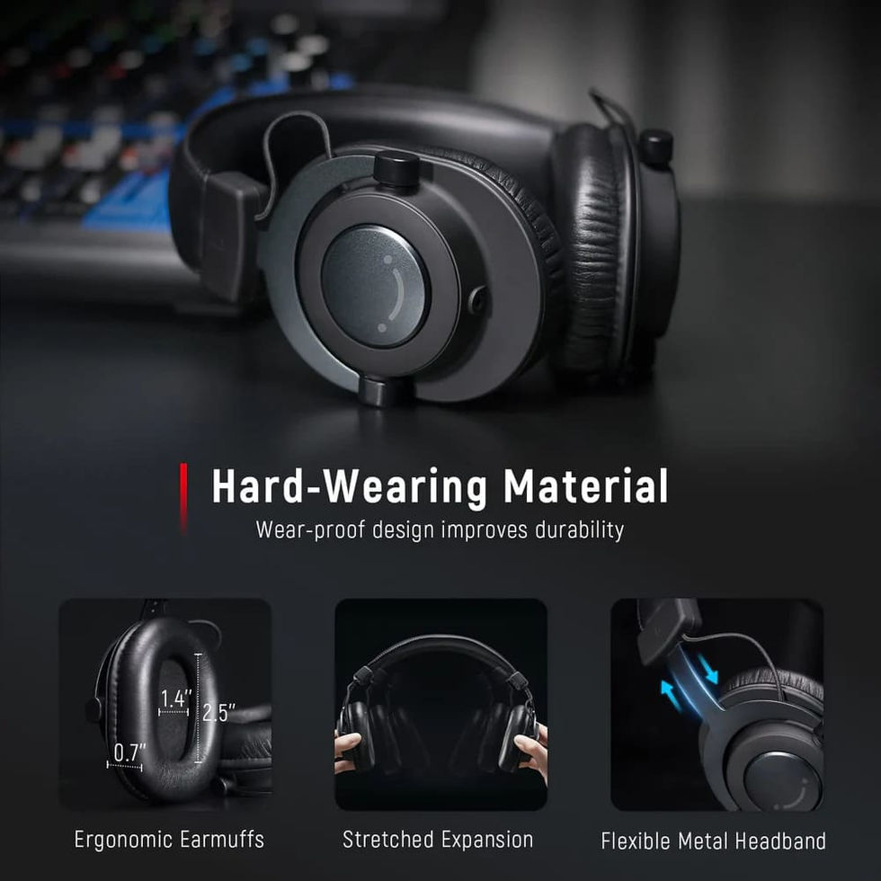 An close-up of the headphones highlights the flexible metal headband, ergonomic earmuffs, stretched expansion, and durable m