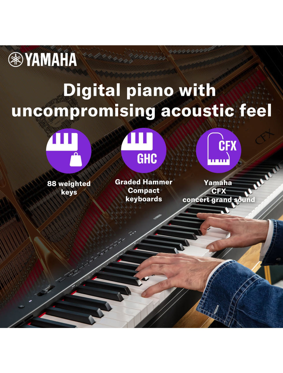 Yamaha digital piano features, including 88 weighted keys and CFX concert grand sound.