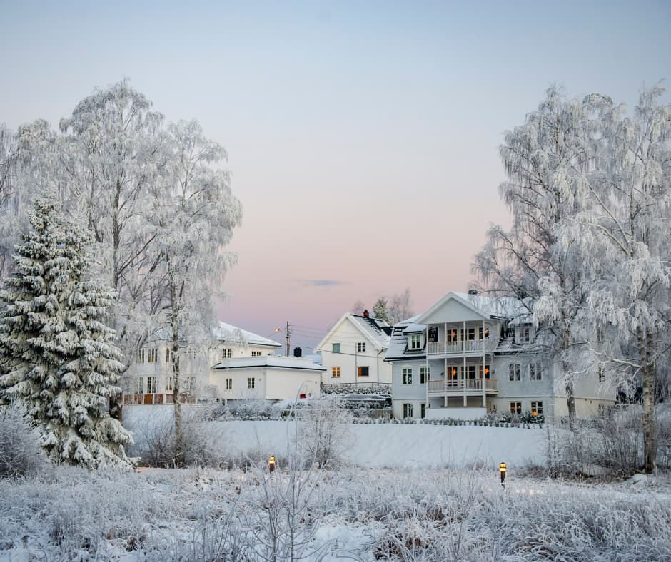Snow-covered houses and trees under a pastel pink and blue sky, creating a serene winter scene with a calm, chilly mood.