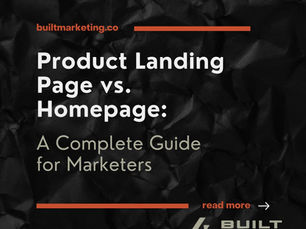 Text on crumpled black background: "Product Landing Page vs. Homepage: A Complete Guide for Marketers." Website name and "read more" link included.