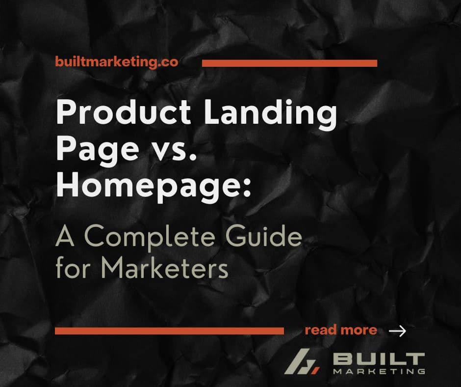 Marketing guide cover with a crumpled black background. Text: "Product Landing Page vs. Homepage: A Complete Guide for Marketers."