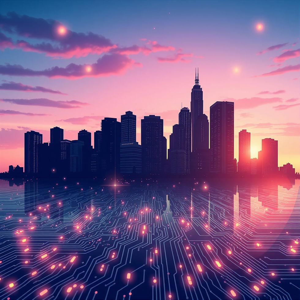 Silhouette of a city skyline at sunset with glowing circuit patterns overlaying the water, creating a futuristic and serene atmosphere.