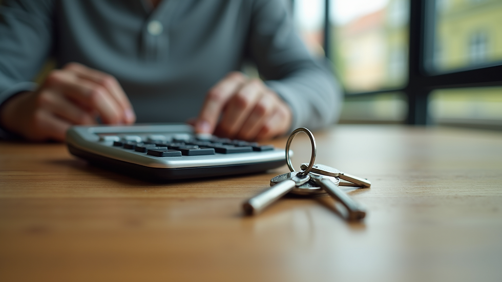 Close-up view of a calculator and house keys on a wooden table