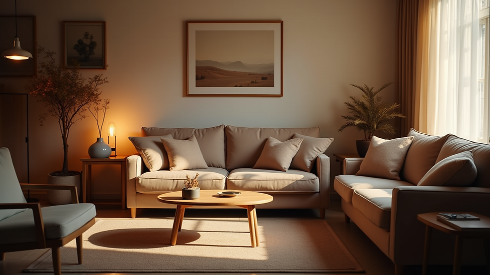 Eye-level view of a cozy living room with a warm ambiance