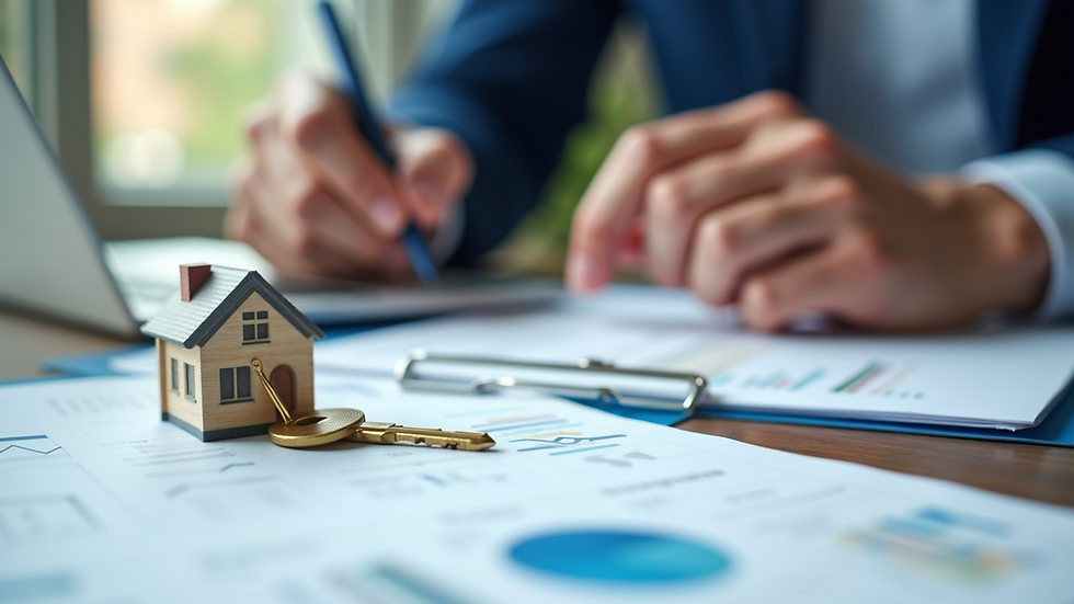 Close-up view of a house key on top of mortgage paperwork