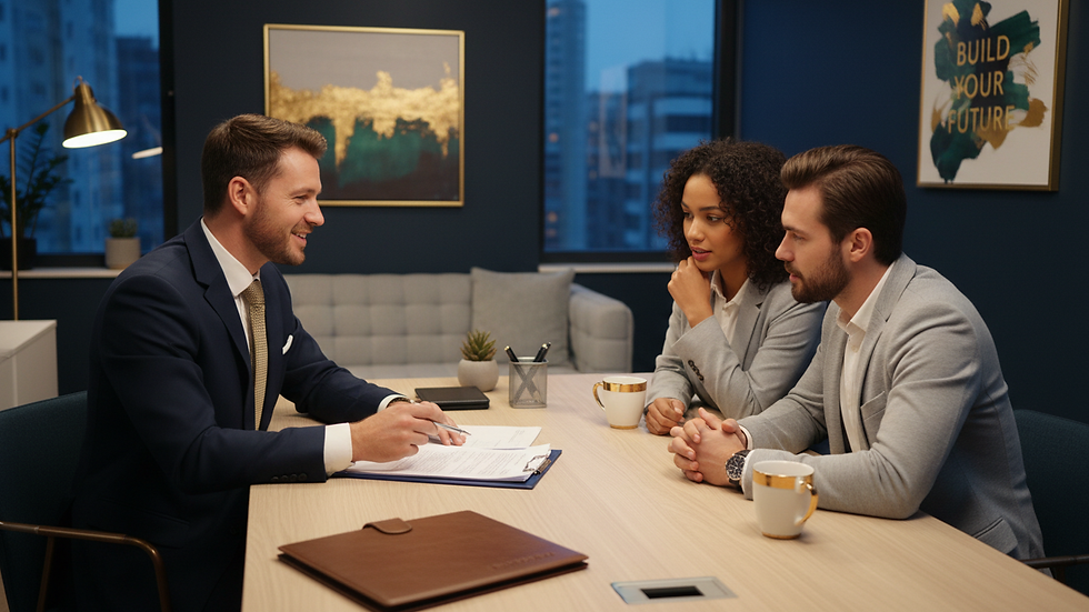 Eye-level view of a mortgage broker discussing paperwork with a client in an office