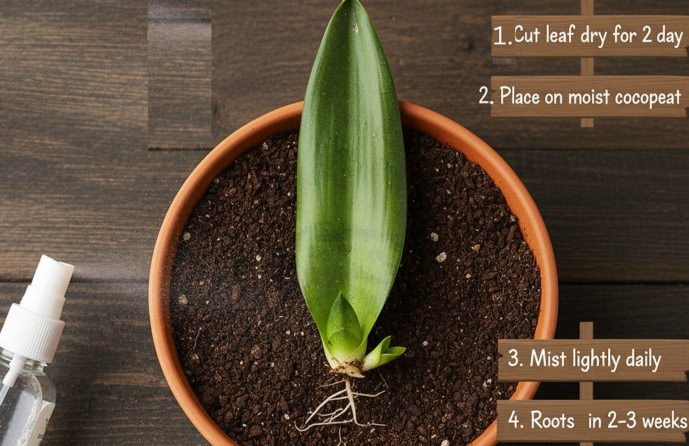 A plant leaf in a pot on soil, with text steps for propagation. A spray bottle is nearby on a wooden surface. Lush and earthy tones.