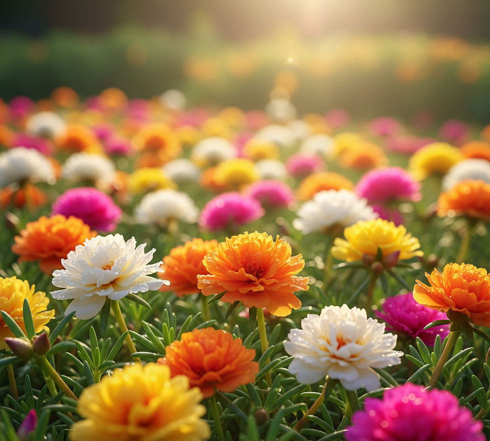 Bright flowers in vibrant hues of orange, yellow, pink, and white bloom in a sunlit field, creating a cheerful and lively summer scene.