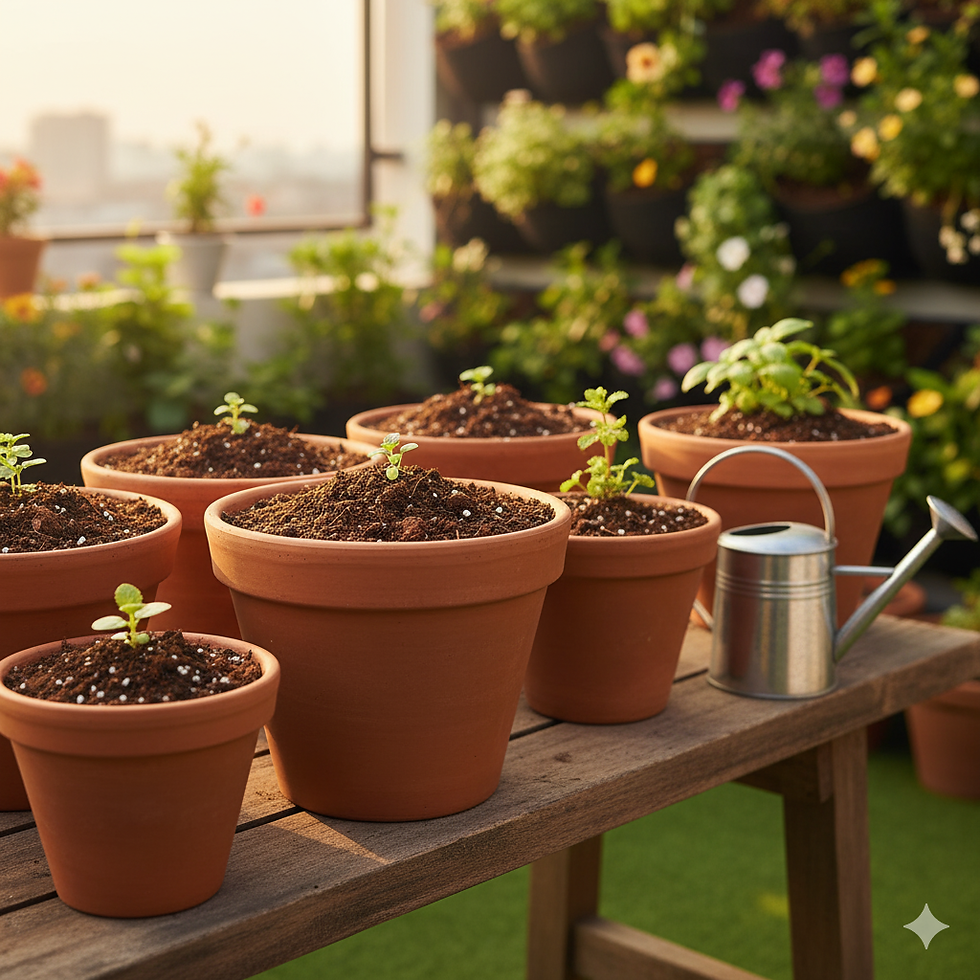Potted plants with seedlings on a wooden table, surrounded by a garden with colorful flowers; a watering can is nearby under warm sunlight.