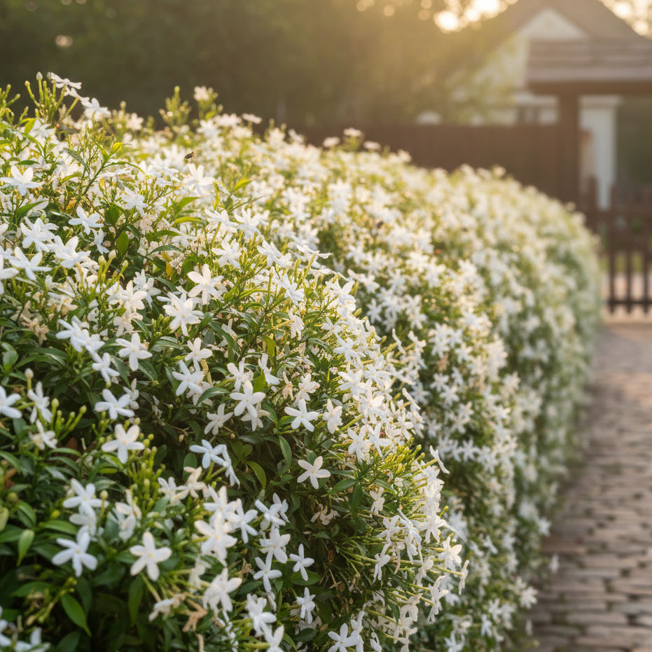 White jasmine flowers bloom on lush bushes along a sunlit stone path, with a wooden fence and house in the blurred background.