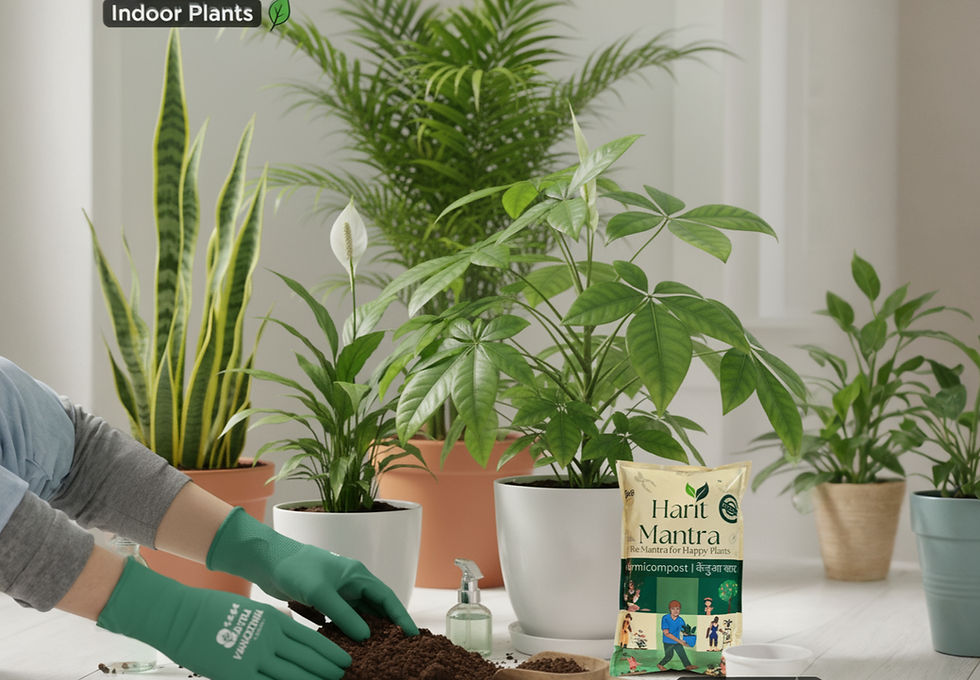 Person wearing green gloves planting in pots with green indoor plants in a bright room. "Harit Mantra" soil bag and "Indoor Plants" sign visible.