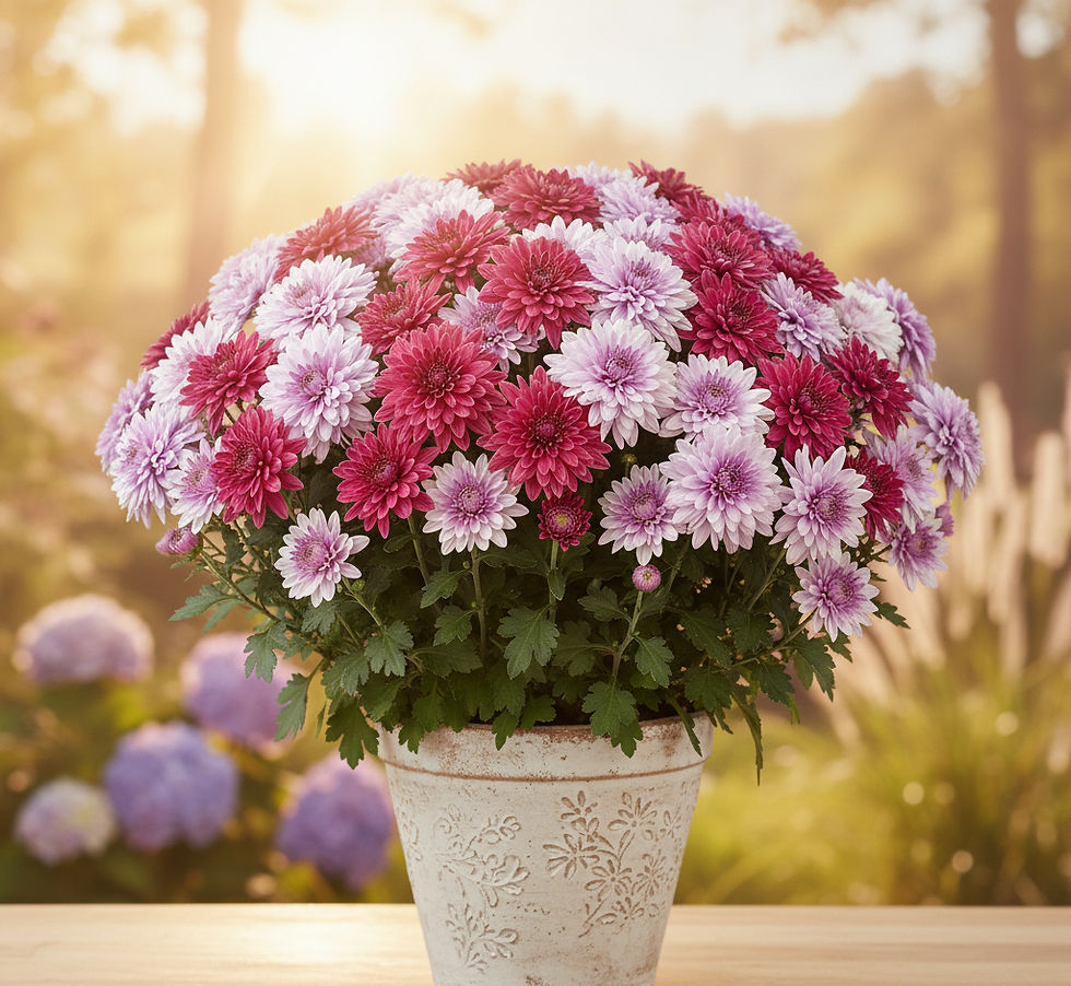 Potted pink and purple chrysanthemums in sunlight, against a blurred garden background. Mood is peaceful and serene.