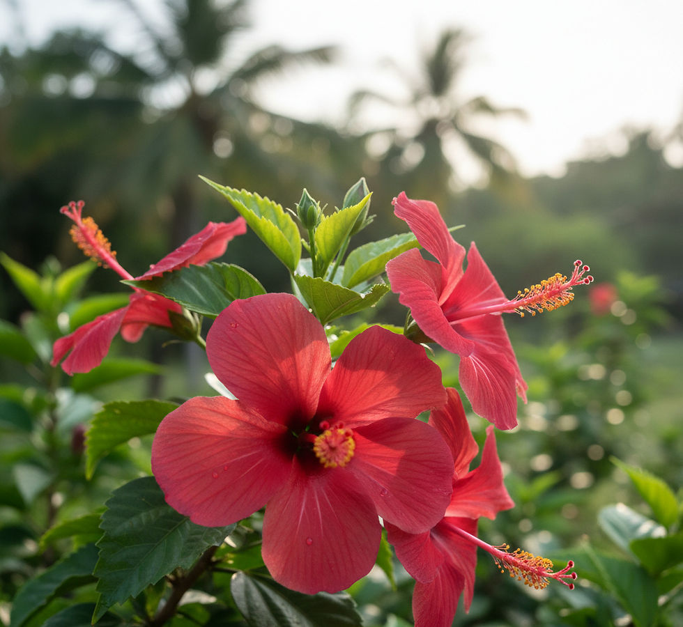 Red hibiscus flowers with dew drops in a garden, set against a blurry background of palm trees and soft, morning light.