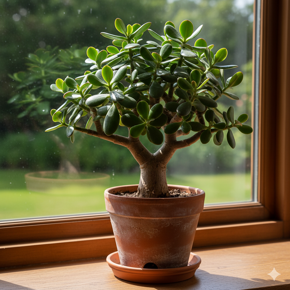 Potted jade plant with thick green leaves on a sunny windowsill, overlooking a lush garden. Wooden frame adds warmth to the scene.