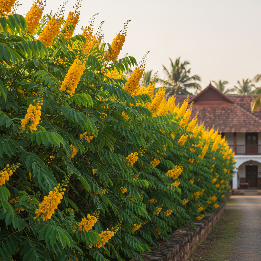 Yellow flowering shrubs line a path leading to a white colonial-style house with a red roof. Palm trees in the background. Peaceful setting.