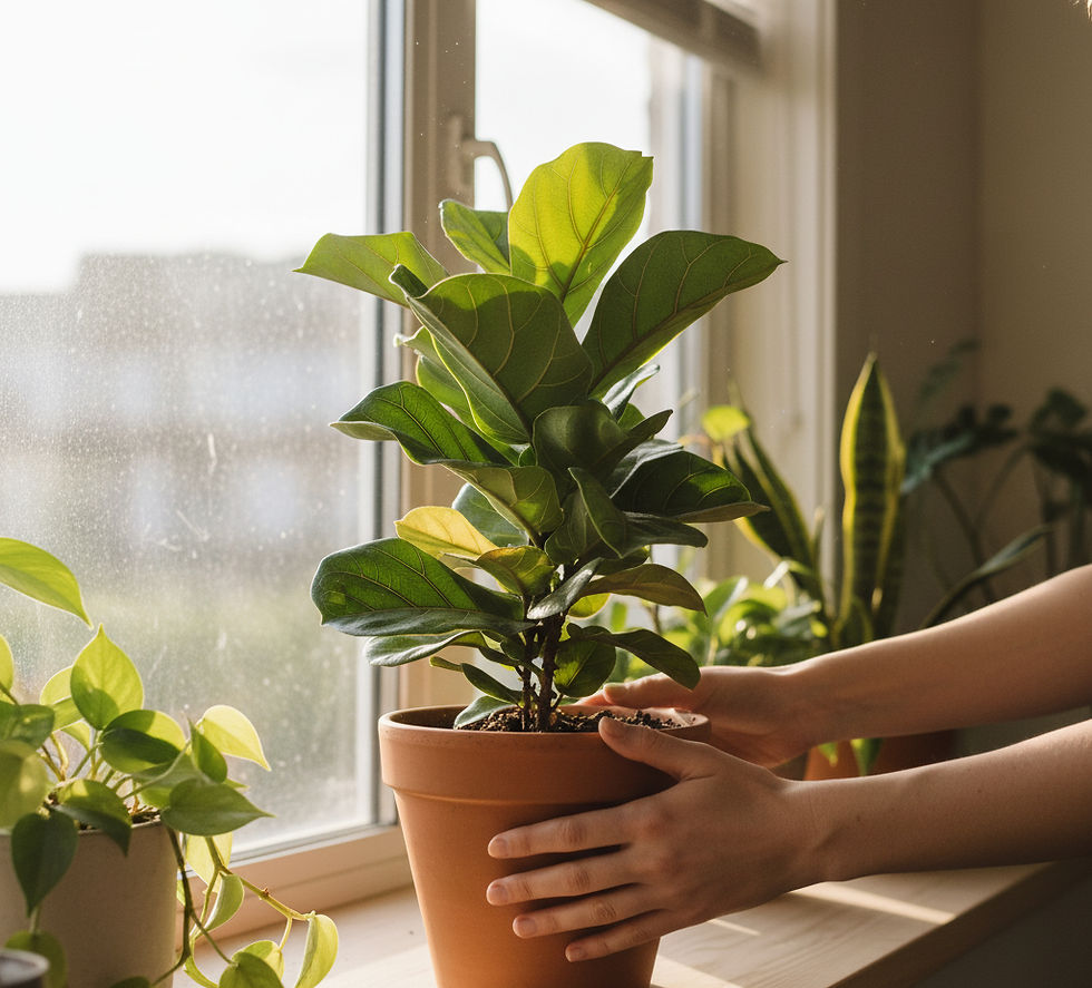 Hands adjust a potted plant on a sunlit windowsill, surrounded by other green plants, creating a serene, natural setting.