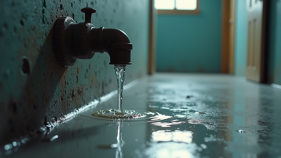 Close-up view of water leaking from a broken pipe with water pooling on the floor