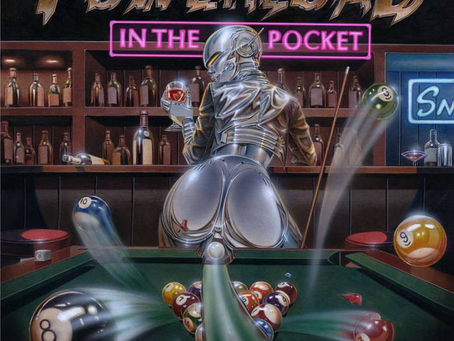 Chrome robot woman at a pool table in a neon bar, with Powerlöd in the Pocket sign and flying billiard balls.