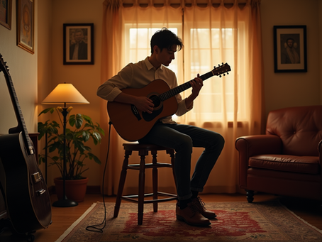 A person plays an acoustic guitar seated on a stool in a warmly lit room. A lamp, plant, and guitar cases are visible, creating a cozy mood.