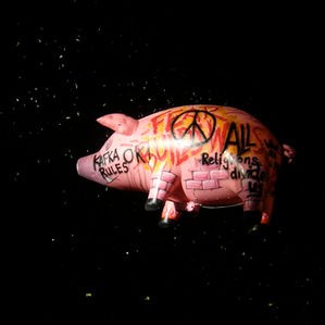 Pink graffiti-covered pig balloon with peace symbol and text KAFKA RULES, Religions divide us, floating against black confetti. It's Algie the Pig considered to be the mascot of Pink Floyd