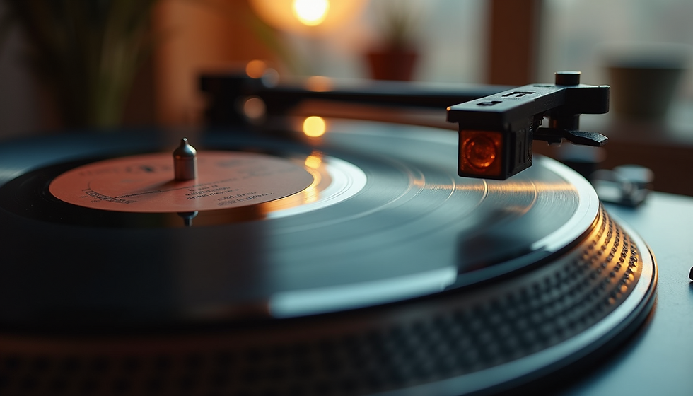 Close-up view of a vintage vinyl record spinning on a turntable