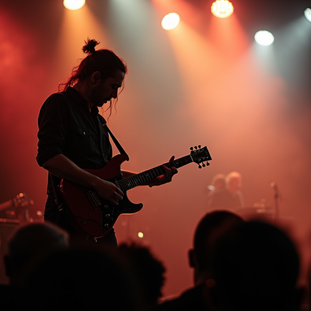 Guitarist with curly hair plays passionately on stage, shrouded in smoke and dramatic lighting, creating a dynamic, intense atmosphere.