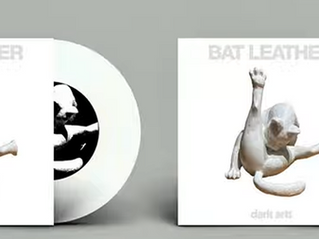Two Bat Leather album covers with white and black vinyl records on gray background, featuring a cat sculpture cleaning it's butt. 