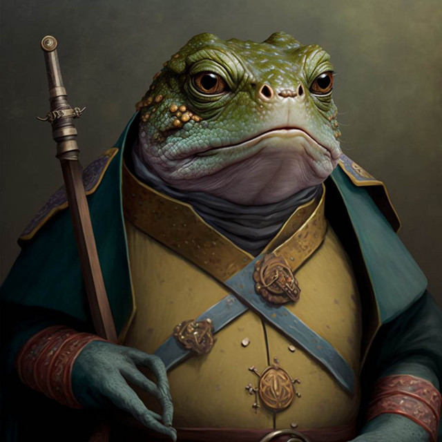 Regal anthropomorphic toad in ornate robes holds staff, exuding authority. Background is muted with an air of majesty and calm.