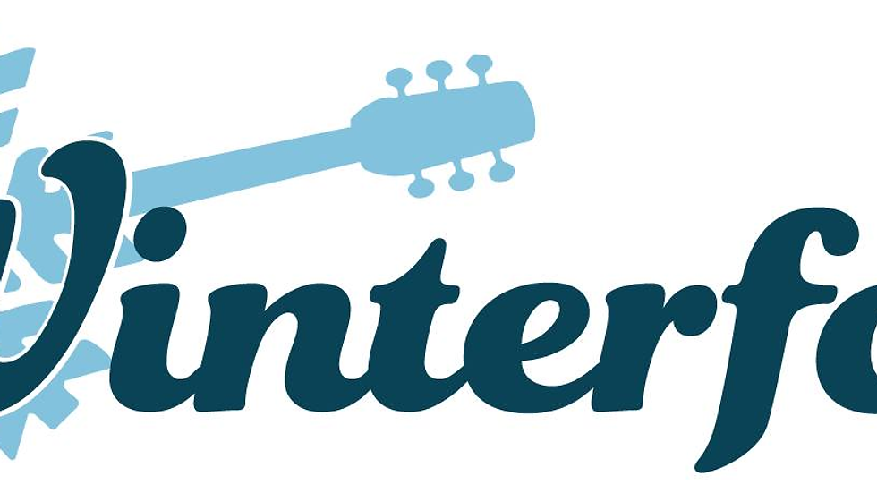 Stylized "Winterfolk" text with a snowflake and guitar silhouette in blue tones, conveying a musical and wintery theme.