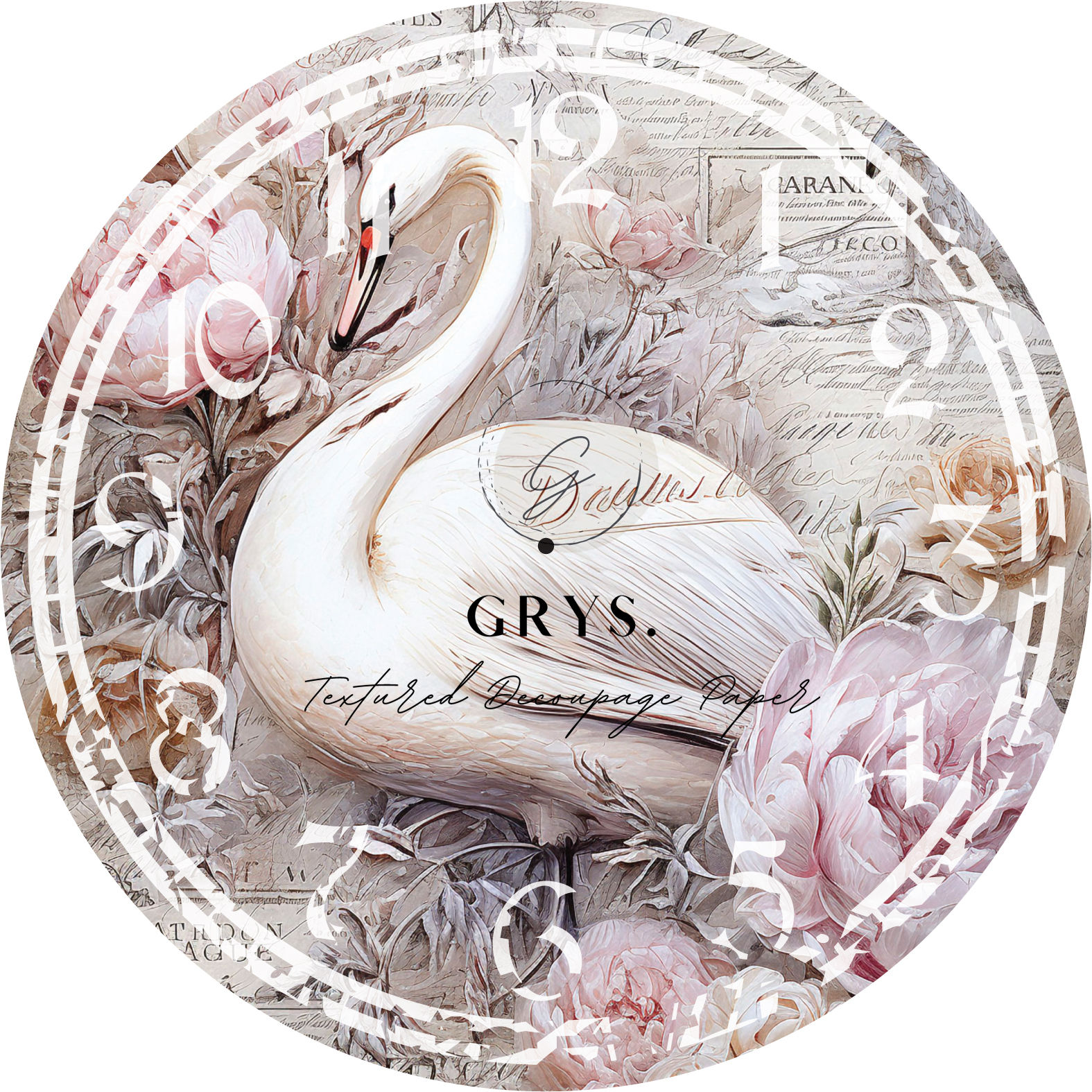 Grys. Textured Decoupage Paper - Swan Clock