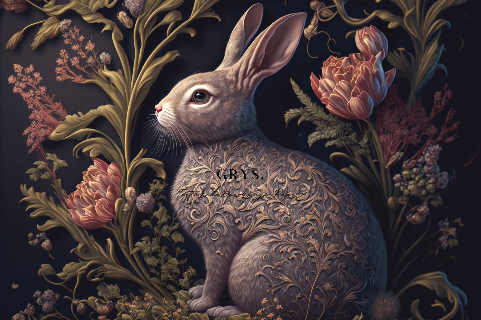 grystextureddecoupagepaperornatebunny