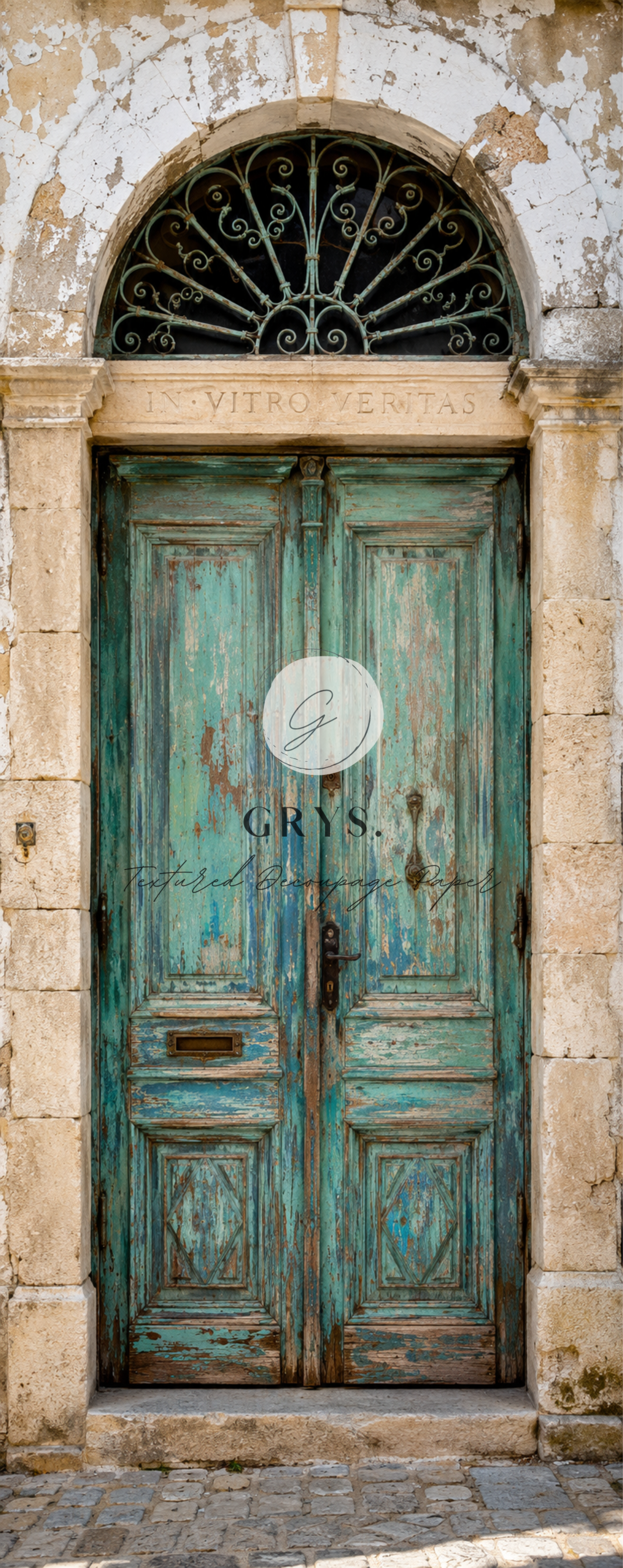 GRYS. Textured Decoupage Paper- Aged Mediterranean doorway with ornate fanlight