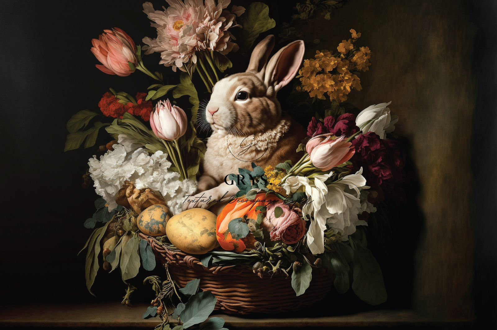 grystextureddecoupagepaperbouquetbunny