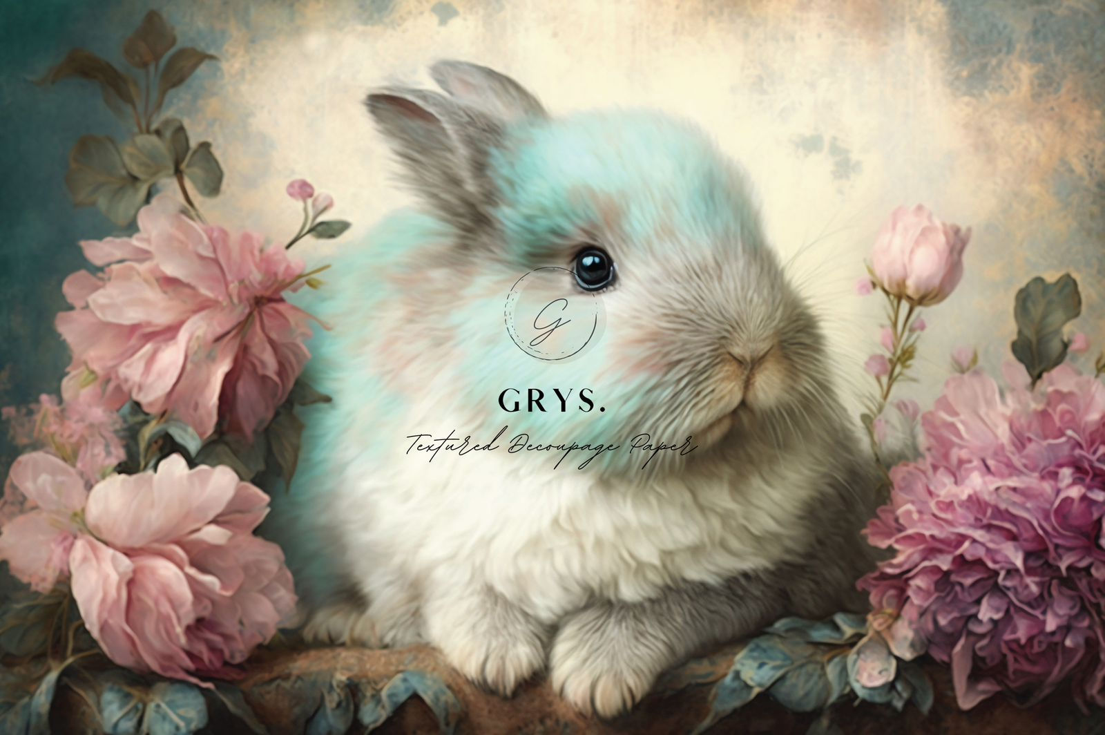 Grys. Textured Decoupage Paper- Peony Bunny