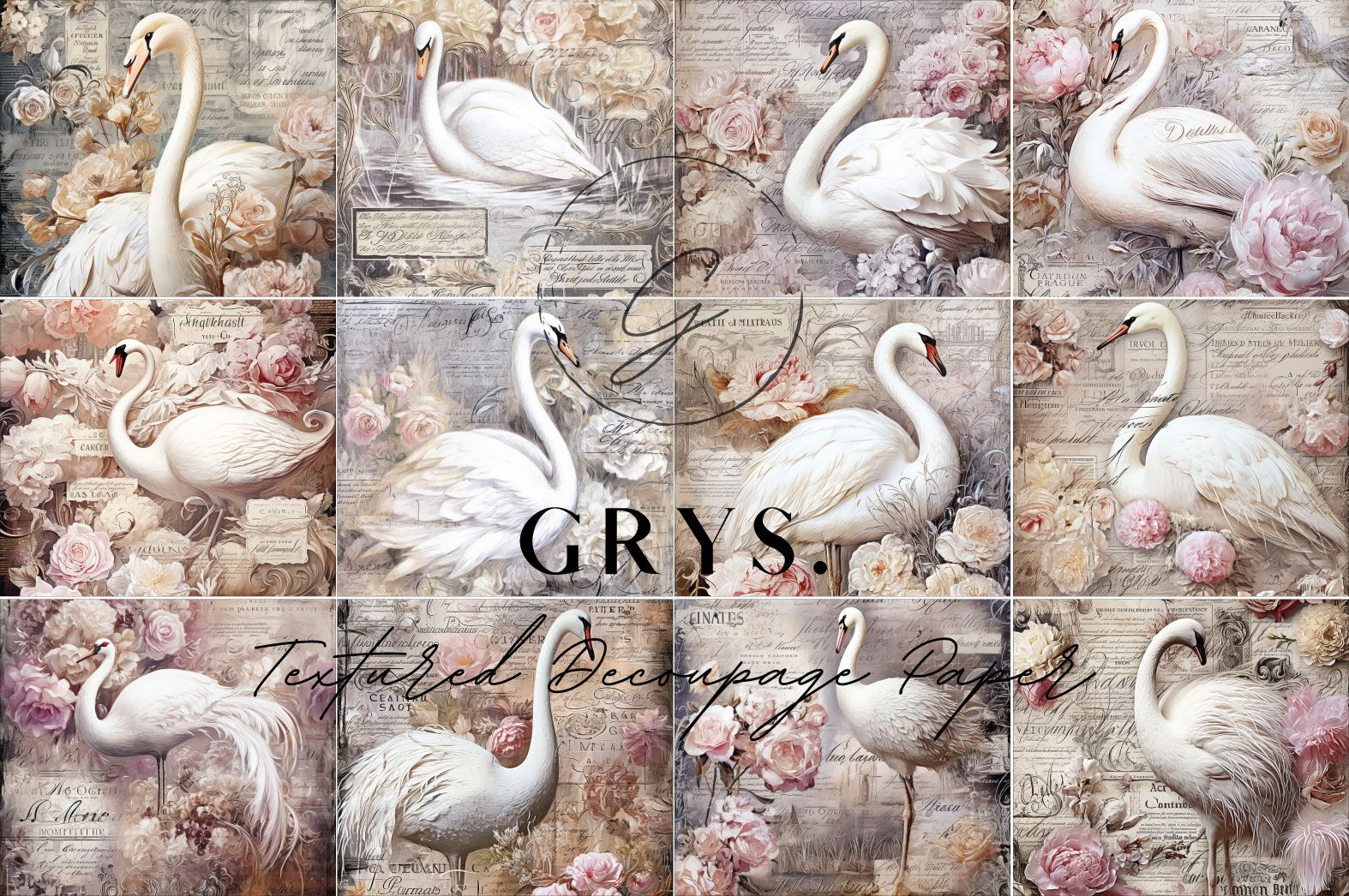 GRYS. Textured Decoupage Paper- Dozen - Swan