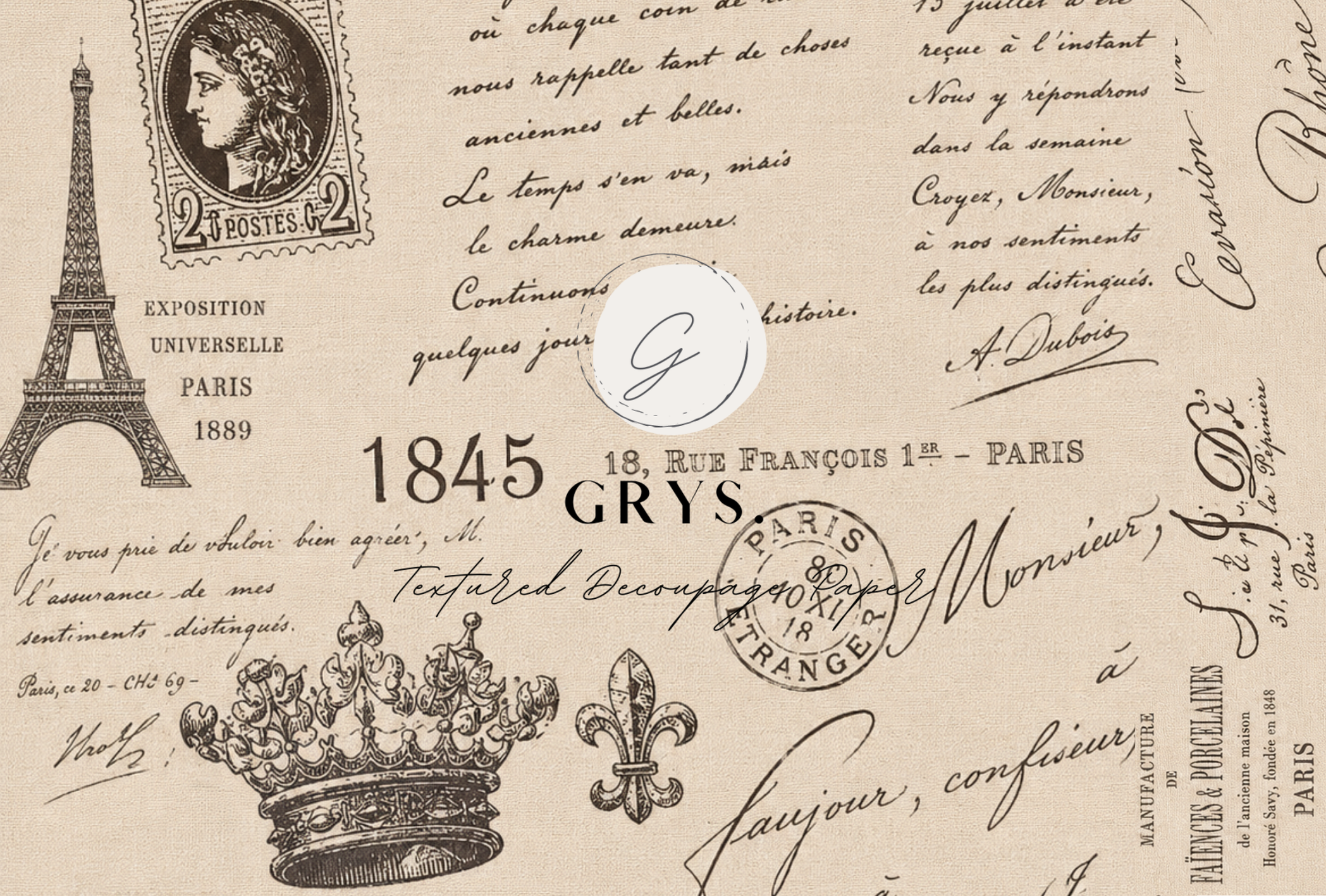 GRYS. Textured Decoupage Paper- Paris Script