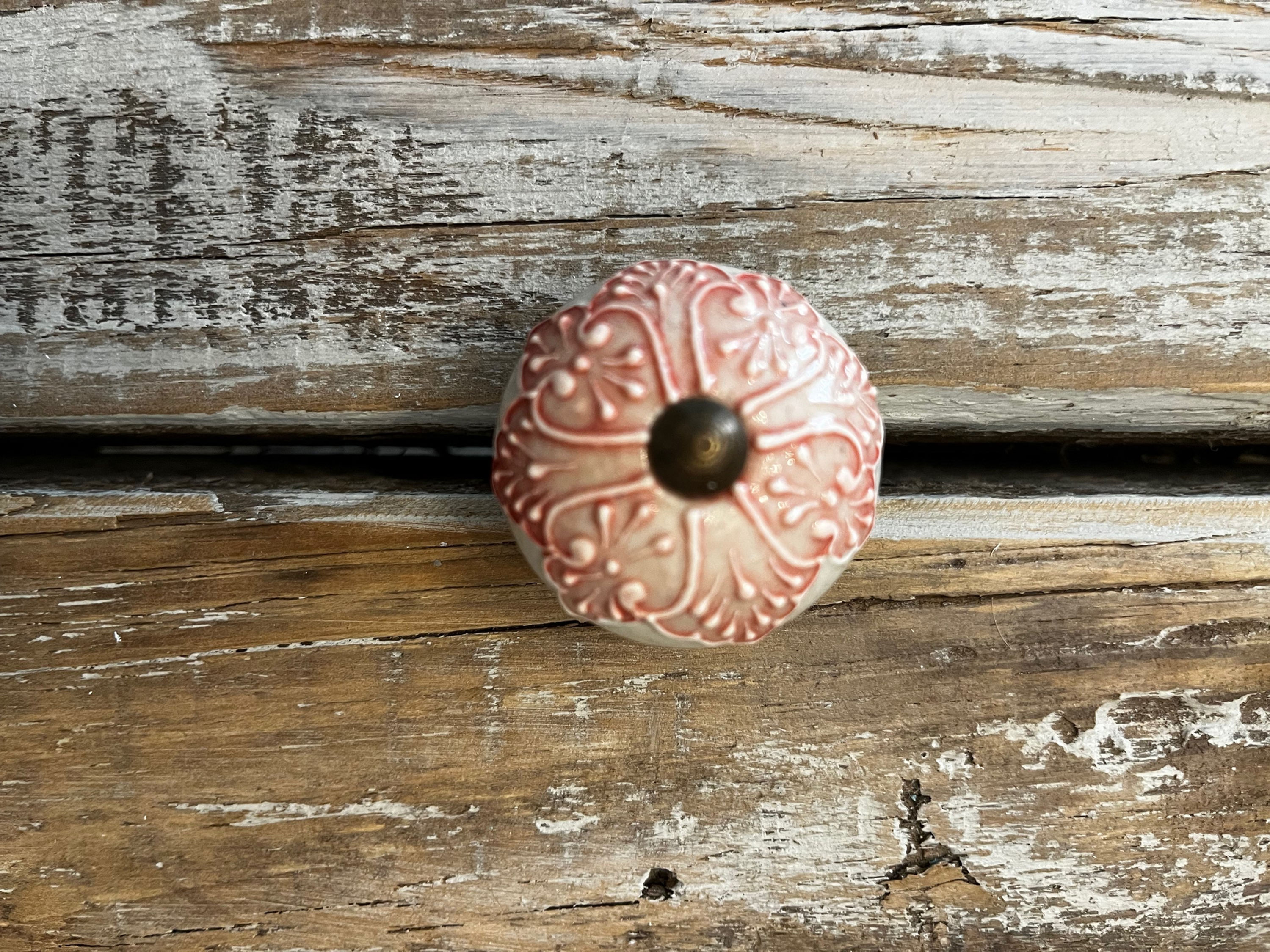 Pink Floral Embossed Knob- Size: Dia 4cm x 3cm H 