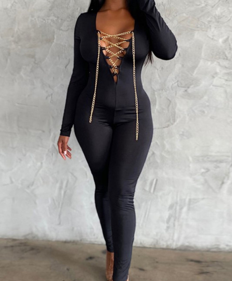 SOLID RIBBED CHAIN LACED OPEN CHEST JUMPSUIT