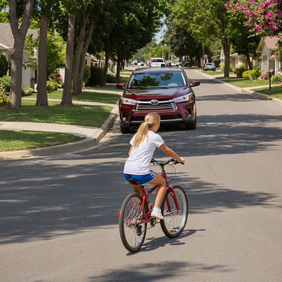 Girl in white shirt cycling on residential street. Red car approaches. Green trees, houses line the road. Sunny day, relaxed mood.