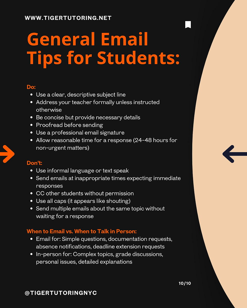 Email tips for students in orange text: Do's, don'ts, when to email vs. talk in person. Black background with arrows and contact info.