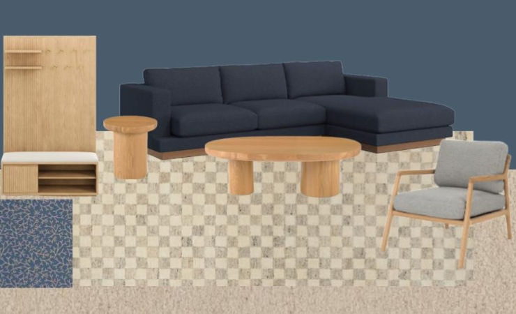Interior decorating mood board showing a navy sectional sofa with chaise, checkerboard rug, oval coffee table, accent chair, and cabinet