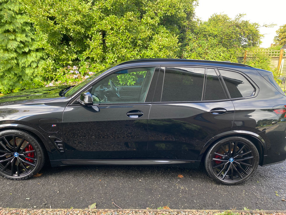 Black BMW X5 SUV parked on pavement with green foliage background.