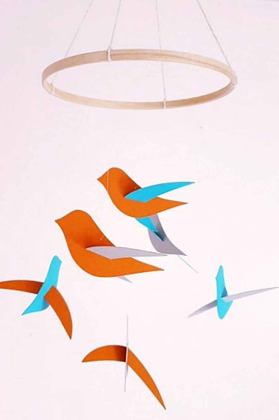 Miniature : Mobile bébé 20x45cm 6 Oiseaux gris orange bleu en papier cartonné recyclé