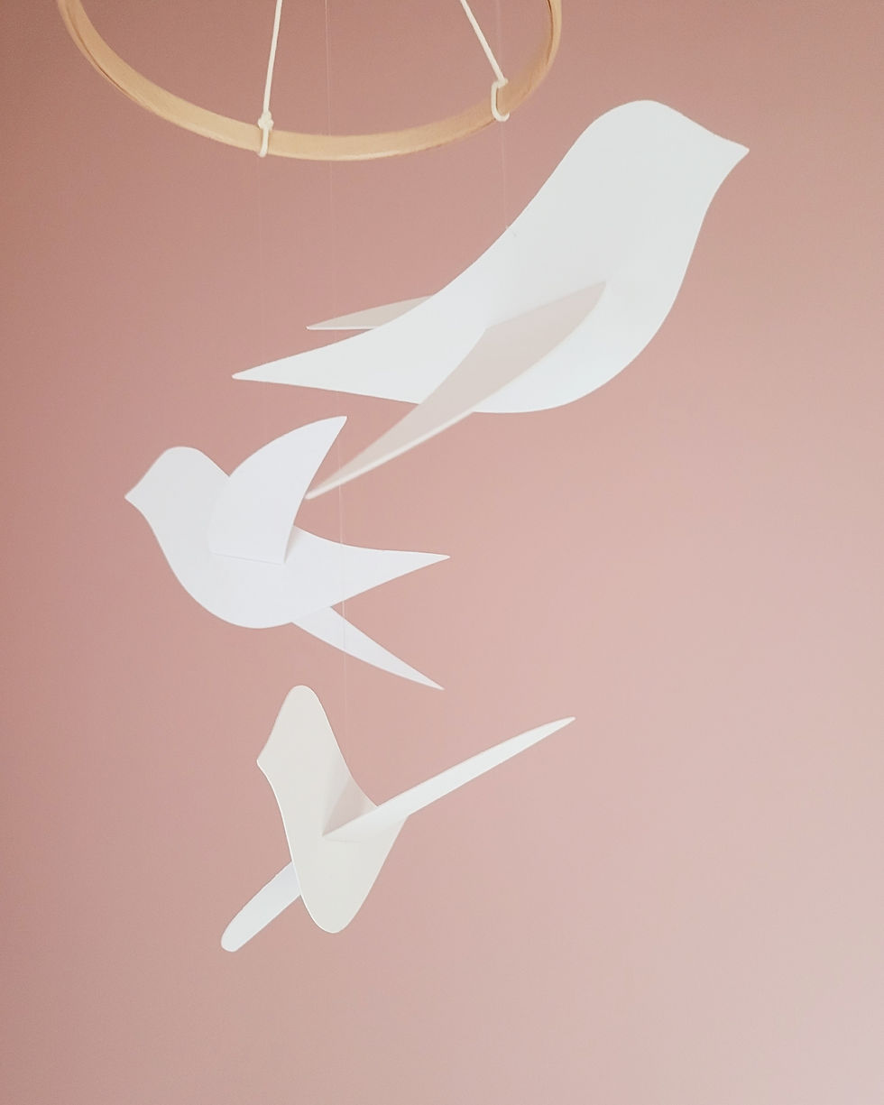 Miniature : Cercle en bois certifié FSC non verni 15cm de diamètre - 3 oiseaux blanc 3D 15 cm en papier épais 325g transformé en France